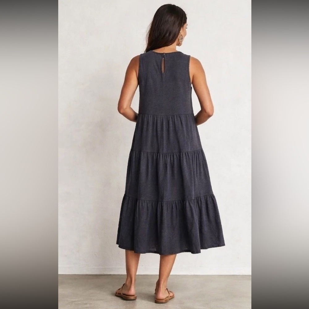 Commune Flore Midnight Gray Women’s 100% Linen Tiered Knee Length Dress Size S - Picture 2 of 7